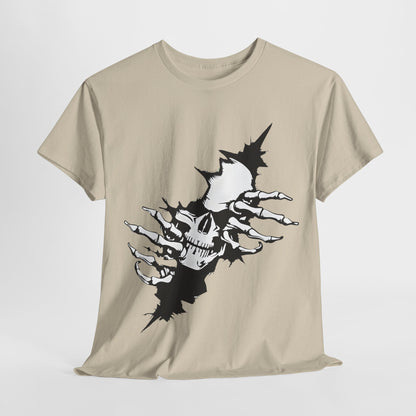Unisex Ripped Skull Graphic Tee - Bold Black and White Design, Premium Quality, featuring a striking skull graphic emerging through a ripped backdrop, symbolising resilience and daring style.