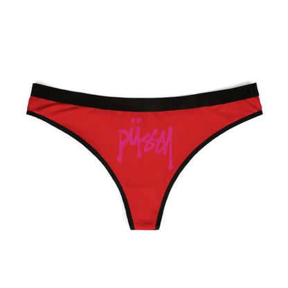 Chic red thong panties showcasing a contemporary 'pussy' graphic in purple, designed for comfort and self-expression. A luxurious addition to any fashionable underwear drawer.