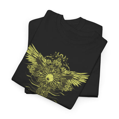 Sleek display of a folded black men's t-shirt showcasing an intricate yellow graphic design of a cross with ornate wings, perfect for a stylish statement.