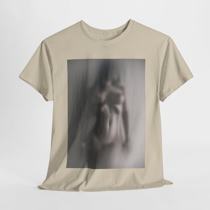 Luxurious graphic t-shirt featuring an intriguing blurred image of a nude figure, elegantly framed, showcasing a modern design.