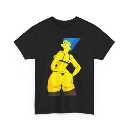 Luxury Marge Simpson Curvaceous Charm Graphic Unisex T-Shirt showcasing Marge in a vibrant, playful pose with a stylish blue hairdo and black lace trim, perfect for fans of The Simpsons.
