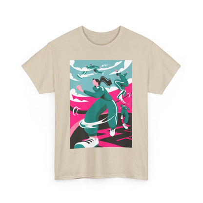 Chic unisex graphic tee showcasing a unique digital artwork of characters in action, blending fashion with pop culture inspired by a renowned thriller series, perfect for those who appreciate designer streetwear.