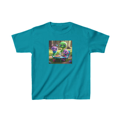 Kids Cute Aliens Heavy Cotton T-Shirt in striking turquoise, adorned with charming alien friends, ideal for youthful explorers who value both style and durability.