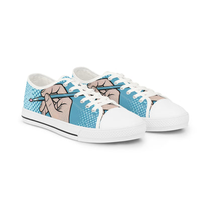 Zara Thunderstrike bold blue low top pop art sneakers by Dazzling Dreams Studio, featuring pastel pink pinstripes, perfect for making a fashion statement.