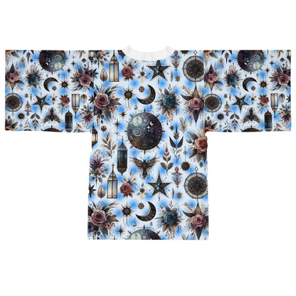 Floral Kimono Robe, Women's Robe, Designer Lounge Wear featuring a chic design with intricate floral and celestial patterns, perfect for stylish loungewear.