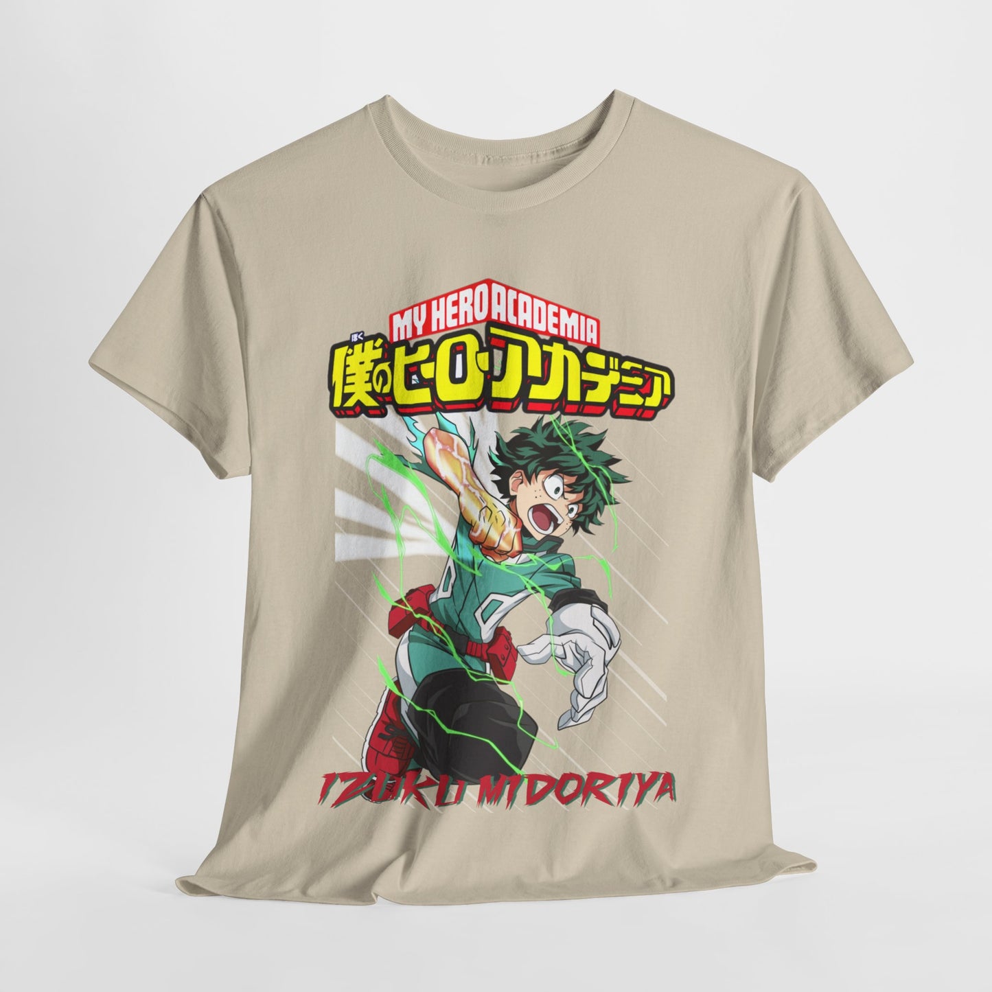 Stylish My Hero Academia Izuku Midoriya T-shirt showcased on a clean backdrop, highlighting its dynamic design and vivid colour scheme.