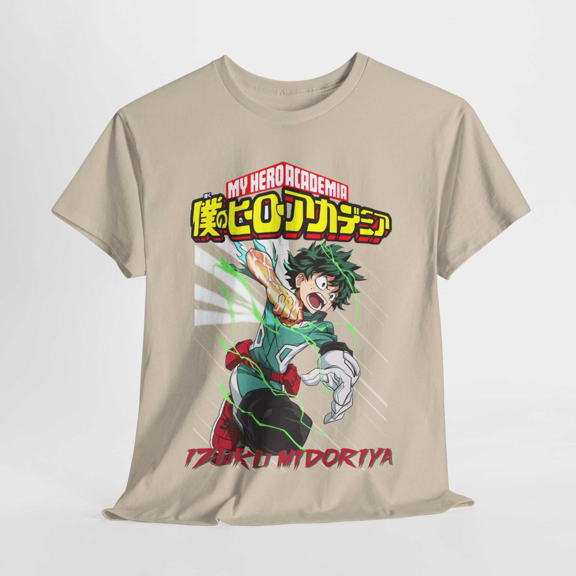 Stylish My Hero Academia Izuku Midoriya T-shirt showcased on a clean backdrop, highlighting its dynamic design and vivid colour scheme.