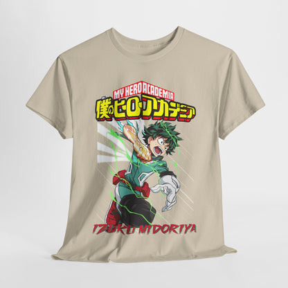 Stylish My Hero Academia Izuku Midoriya T-shirt showcased on a clean backdrop, highlighting its dynamic design and vivid colour scheme.