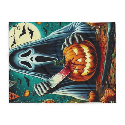 Artistic view of Decorative and Warm Halloween Spooky Scream Arctic Fleece Blanket highlighting a ghostly figure with a pumpkin, perfect for Halloween decor.
