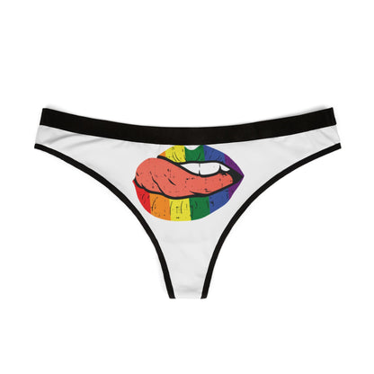 Chic women's thong with a striking rainbow lip design, symbolising fun and intimacy, ideal for adding a touch of humour to romantic occasions.