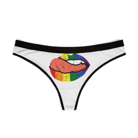 Chic women's thong with a striking rainbow lip design, symbolising fun and intimacy, ideal for adding a touch of humour to romantic occasions.