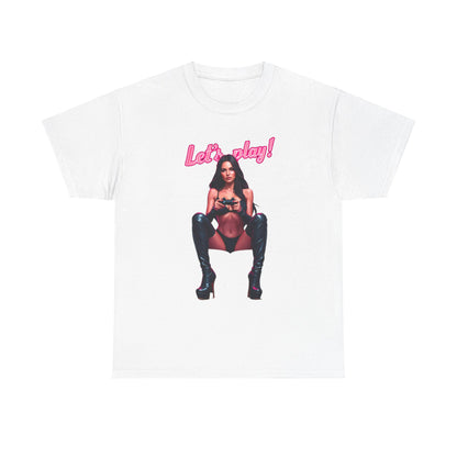 Elegant white graphic t-shirt featuring a bold 'Let's play!' design with a confident gamer character, perfect for showcasing your gaming passion.