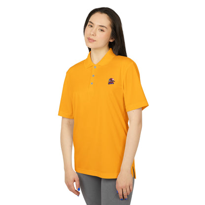 Female model presenting the Adidas Unisex Performance Polo Shirt in yellow, featuring a sustainable design and elegant style.