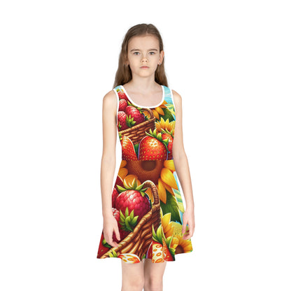 Elegant portrayal of a young girl wearing the Sophie Rosendale Girls Summer Fruits Cartoon Pencil Skirt, beautifully designed with strawberries and raspberries, surrounded by sunflowers, radiating summer charm.
