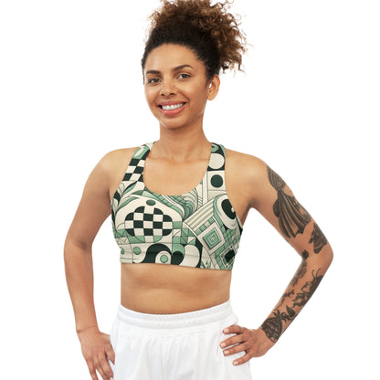 Vibrant Pastel Green Sports Bra with Checkerboard Motifs and Block Prints displayed on a model, highlighting its chic aesthetic and premium comfort for gym activities.