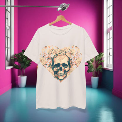 Skulls and Roses Cotton Tee, Unisex Graphic Shirt displayed against a vibrant pink interior, highlighting its intricate steampunk skull and rose design.