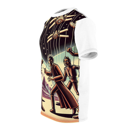 Flat lay of Dazzling Dreams Studio Intergalactic Marionette Wars T-Shirt alongside sci-fi themed accessories, embodying a blend of vintage style and contemporary luxury.