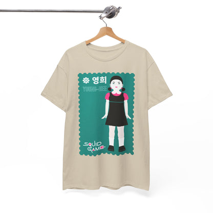 Stylish Young-Hee printed t-shirt on a hanger, showcasing a refined design inspired by Squid Game, ideal for contemporary wardrobes.