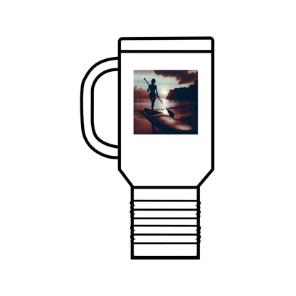 Sleek Fantasy Paddleboarding Insulated Travel Mug - 40oz Premium Stainless Steel in classic white with an elegant paddleboarder silhouette against a beautiful sunset.