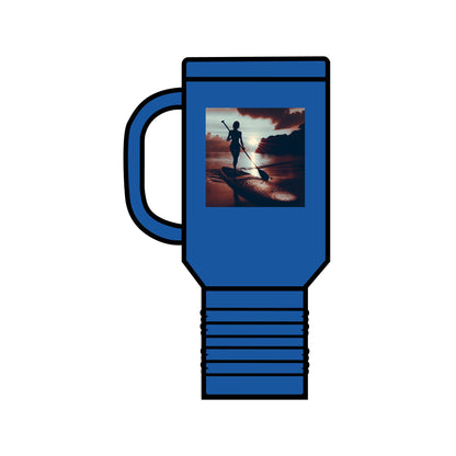Fantasy Paddleboarding Insulated Travel Mug in blue, featuring a paddleboarder on a serene water surface at sunset, crafted from premium stainless steel with double-wall insulation for maintaining drink temperatures.