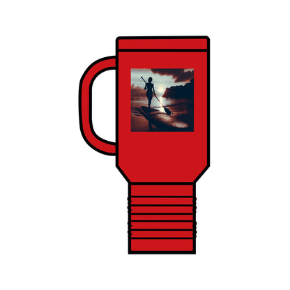 Vibrant Fantasy Paddleboarding Insulated Travel Mug in red, displaying an enchanting graphic of a paddleboarder at sunset, perfect for outdoor adventures and stylish sipping.