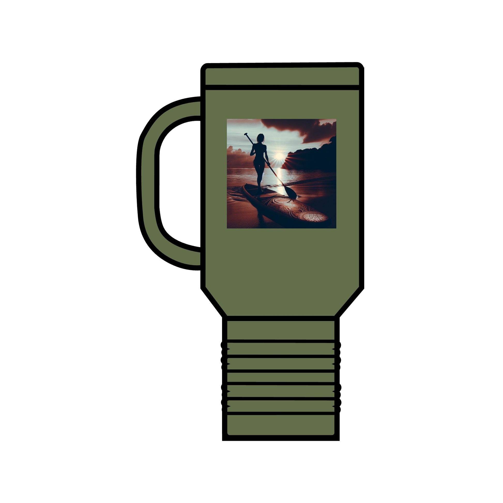 Elegant Fantasy Paddleboarding Insulated Travel Mug in olive green adorned with a beautiful image of a paddleboarder at sunset, ensuring beverages stay perfectly warm or cool.