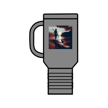 Fantasy Paddleboarding Insulated Travel Mug in grey featuring a stunning graphic of a paddleboarder at sunset, perfect for keeping beverages at the ideal temperature.