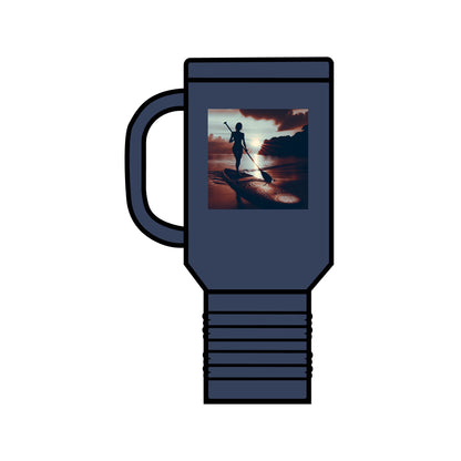 Luxury Fantasy Paddleboarding Insulated Travel Mug in navy blue showcasing a captivating design of a paddleboarder against a picturesque sunset, ideal for adventurers.