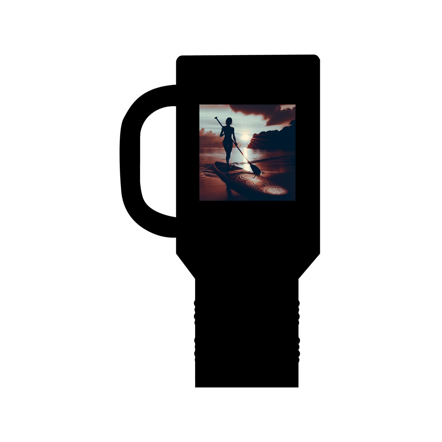 Sleek Fantasy Paddleboarding Insulated Travel Mug in black featuring an artistic depiction of a paddleboarder during sunset, designed for premium hydration on the go.