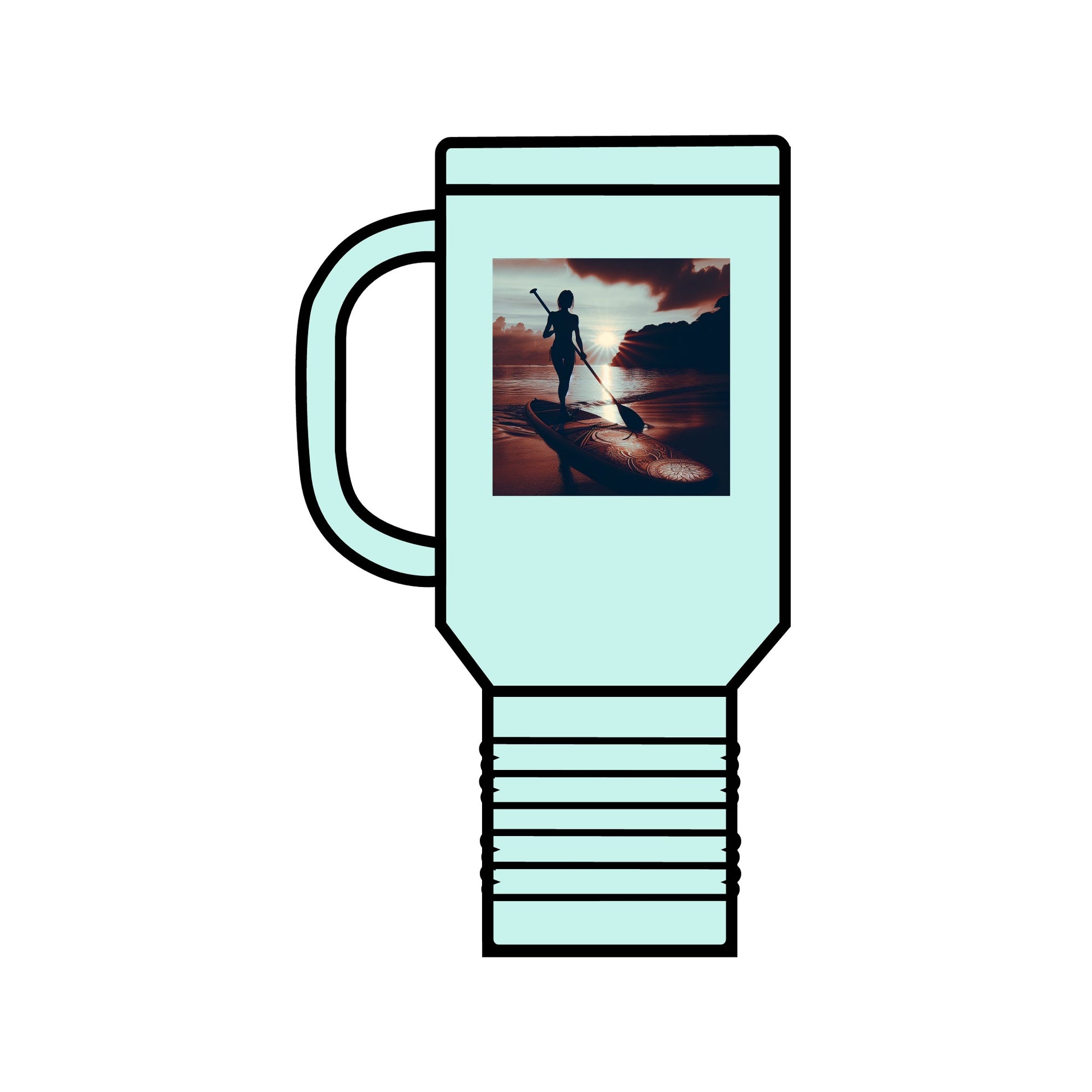 Fantasy Paddleboarding Insulated Travel Mug in mint green, showcasing a paddleboarder at sunset on tranquil waters, made from high-quality stainless steel with double-wall insulation to keep beverages hot or cold.
