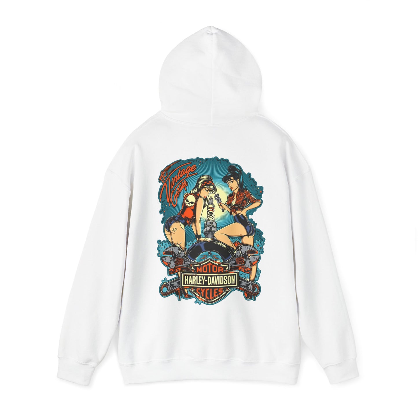 Luxurious vintage back print hoodie featuring two retro pin-up women working on a motorcycle engine, styled with vibrant colours against a teal-blue background, ideal for motorcycle enthusiasts.
