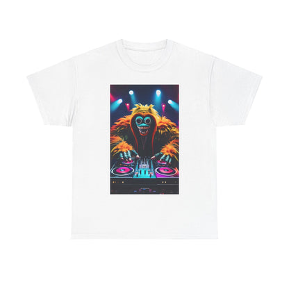 Street Monster Graphic T-Shirt in white displaying a striking DJ monster graphic, a chic choice for urban street style lovers.