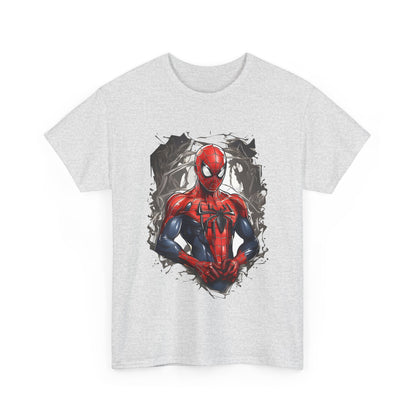 Unleash Your Inner Hero with the Spider-Man Graphic Unisex Graphic Tee Shirt displayed flat, highlighting the detailed illustration of Spider-Man against a textured backdrop.