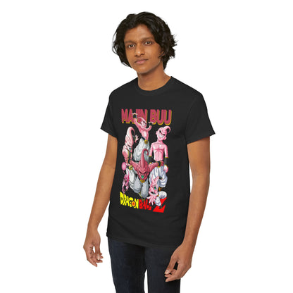 Fashionable individual wearing a Majin Buu T-shirt, embellished with dynamic anime artwork, embodying a bold style statement ideal for trendy outings.