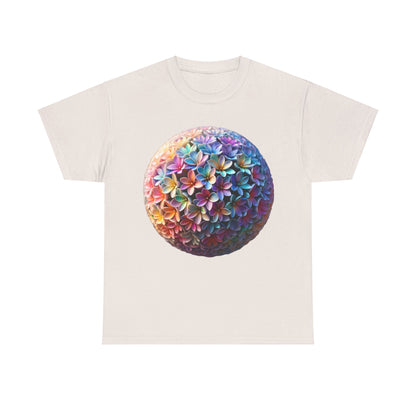 Iridescent Floral Sphere Unisex Cotton Tee Graphic T Shirt in off-white displaying a vibrant floral sphere design, combining elegance with everyday style.