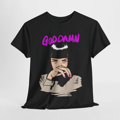 Elegant unisex graphic T-shirt featuring the bold phrase 'GODDAMN' in magenta above a striking illustration of a character with black bobbed hair and vivid purple eyes, embodying iconic cinema style.