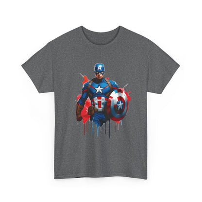 Front view of the dark grey Captain America Graphic Tee, adorned with a stunning graphic of Captain America in vibrant colours, a true testament to luxe superhero fashion.