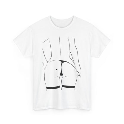 Sleek white t-shirt displaying a refined black line art representation of a woman's figure, celebrating the beauty of form with a touch of suggestive whimsy.