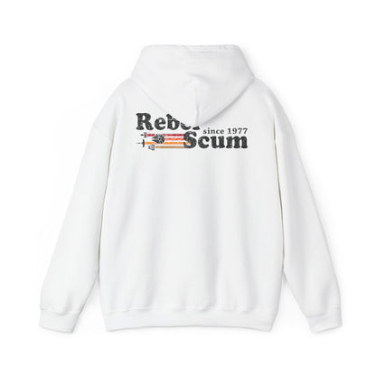 Premium Rebel Scum hoodie featuring a vintage graphic design with bold lettering and subtle spacecraft imagery, showcasing a distressed finish and luxurious fabric for ultimate comfort.
