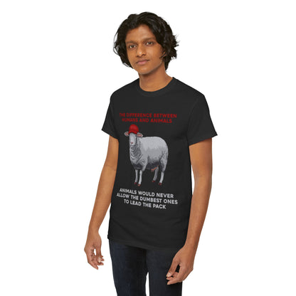 A stylish individual wearing a black political satire t-shirt, featuring an illustrated sheep and bold statements, creating a perfect conversation starter and statement piece.