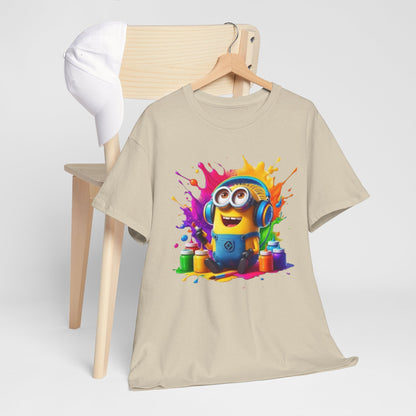 Men's Funny Minion Paint Splash T-Shirt displayed on a hanger against a chair, featuring a vibrant cartoon art design with splashes of colour. Perfect for those who enjoy funny Minions-themed fashion. T Shirt, Funny, Minions.
