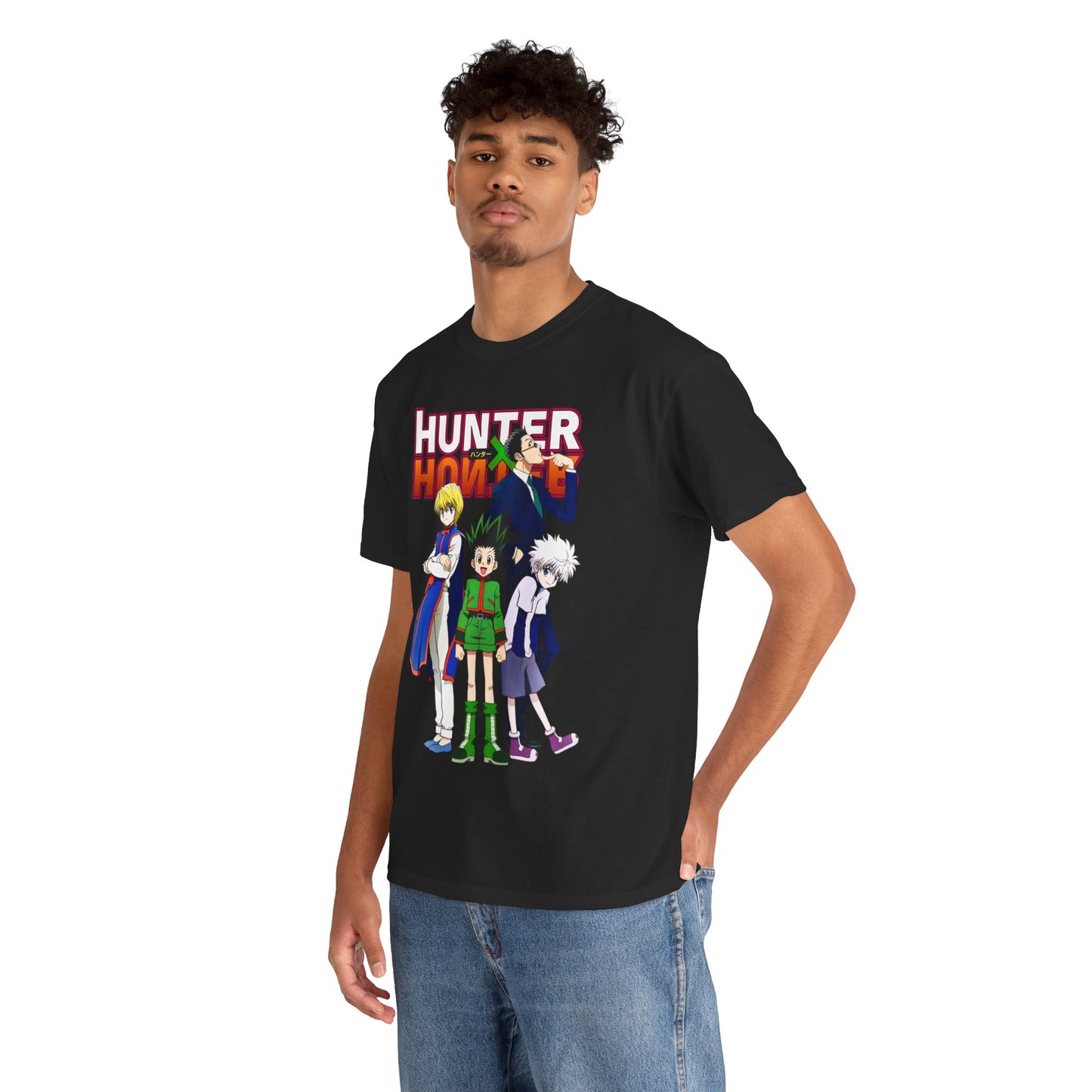 Model wearing the Hunter x Hunter Elite T-shirt, showcasing vibrant anime character designs in a luxurious fit, perfect for showcasing passion for anime culture in a stylish manner.