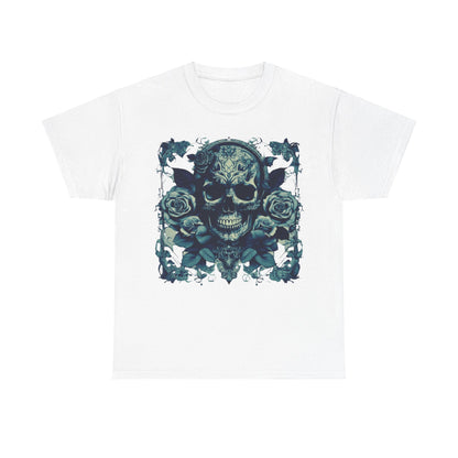 Front view of the Skulls and Roses Cotton Tee, featuring an intricate steampunk skull and rose graphic, designed for a contemporary luxury aesthetic.