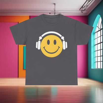 Enchanted Harmony Graphic T-Shirt showcasing a cheerful yellow smiley face adorned with white headphones, presented in a sophisticated grey hue, ideal for a fashionable statement.