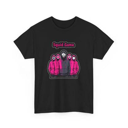 Squid Game Unisex Men’s Women’s Graphic Cotton Funny T-Shirt Tee showcasing a captivating print of pink hooded characters over a sleek black fabric.