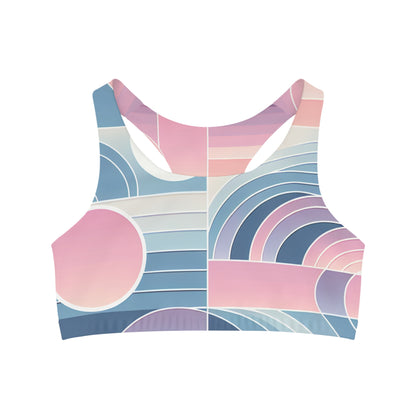 Celeste Rutherford Pastel-Gradient Sports Bra featuring a luxurious blend of microfiber polyester and spandex by Dazzling Dreams Studio, showcasing a stunning design from pink to blue.