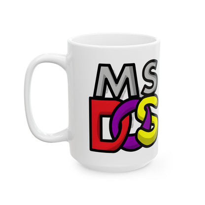 Close-up of the MS-DOS Logo Retro Ceramic Mug showcasing its nostalgic design and comfortable ergonomic handle, ideal for tech lovers in need of coffee power!
