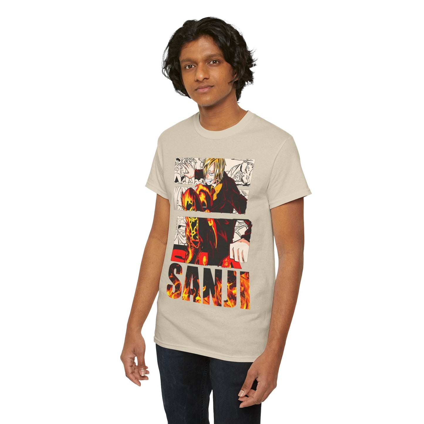 Charming individual showcasing a Sanji graphic tee, expertly crafted with an alluring design that celebrates anime culture and style.