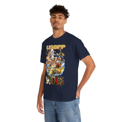 Luxury navy graphic t-shirt featuring USOPP from One Piece, showcasing vibrant anime illustrations and premium quality fabric, perfect for stylish casual wear.