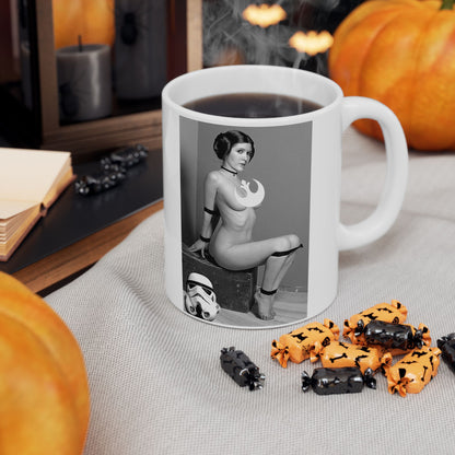 Luxurious Funny Princess Leia Mug featuring a humorous design inspired by the iconic character. The ceramic drinkware showcases a bold black-and-white illustration, perfect for Star Wars enthusiasts looking to enhance their morning brew.